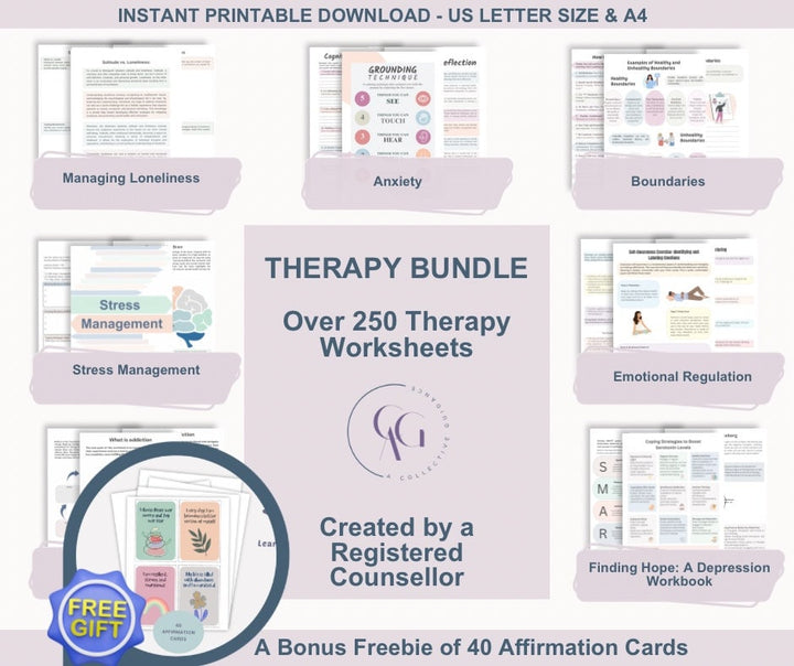 Therapy Worksheets Bundle / Cognitive Behaviour Therapy / therapy worksheets / Anxiety / boundaries / depression / Stress management