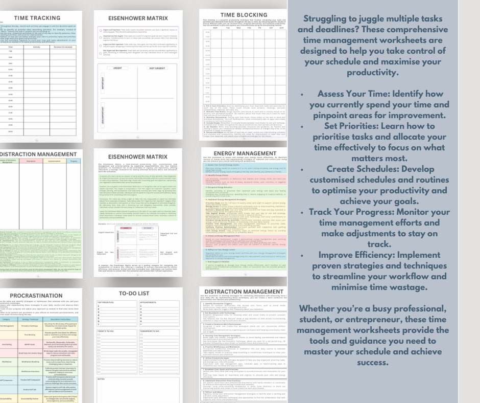 Time management Worksheets / Time Management skills / Therapy worksheets / counselling resources / Time Blocking / Time Management Planner