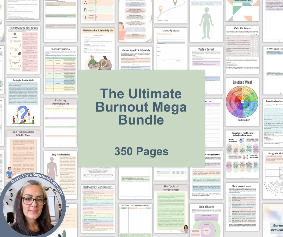 Burnout Mega Bundle / Burnout Bundle / therapy worksheets / CBT / Stress Management / Emotional Regulation / Instant Download