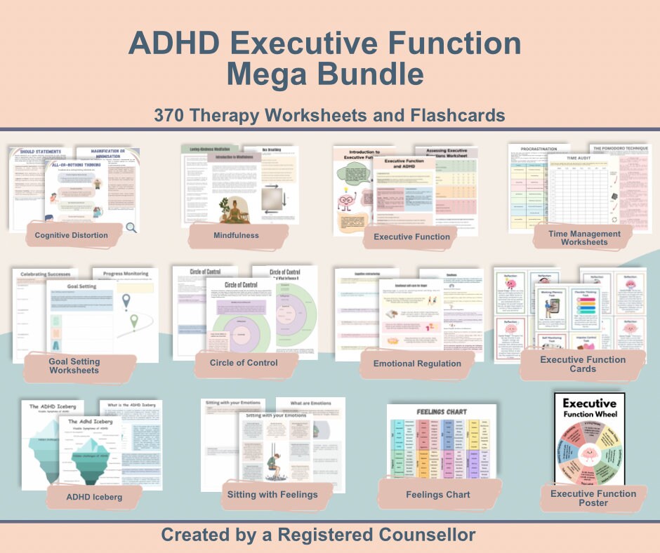 ADHD Executive Function Bundle, Executive Functioning Bundle, therapy worksheets for teens and adults, coping skills, time management