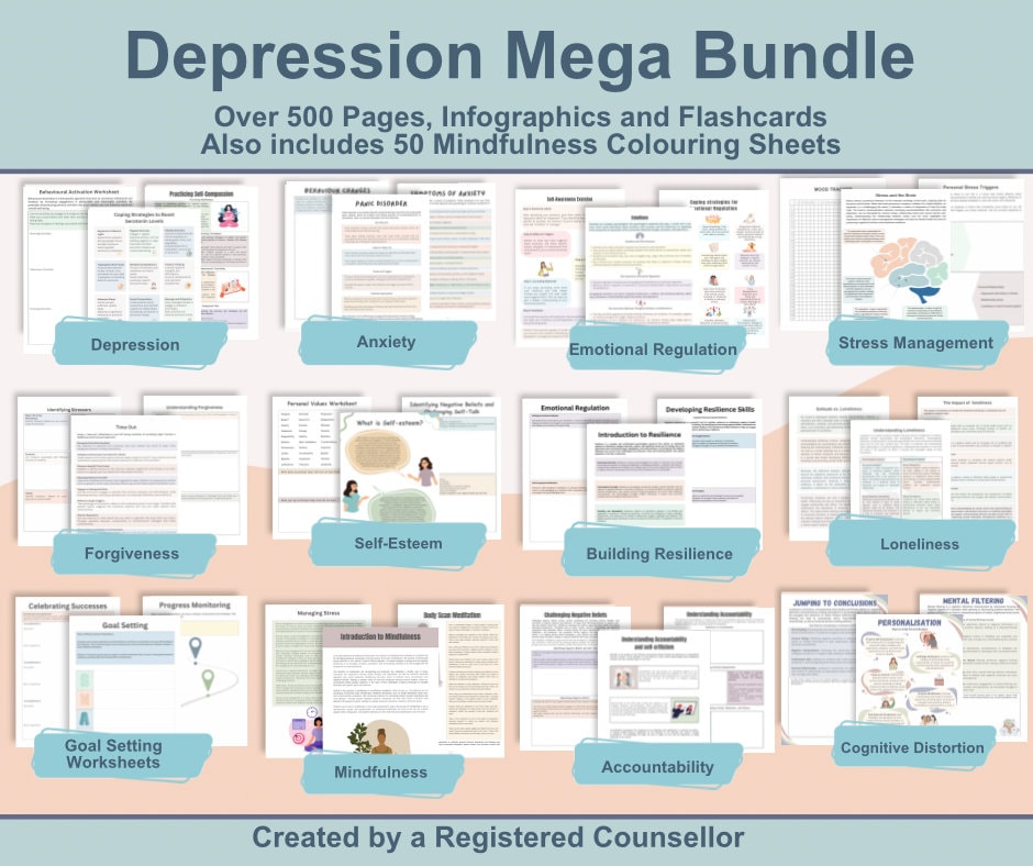 Depression Mega Bundle, Cognitive Behaviour Therapy, depression worksheets, depression, coping skill, mental health resources