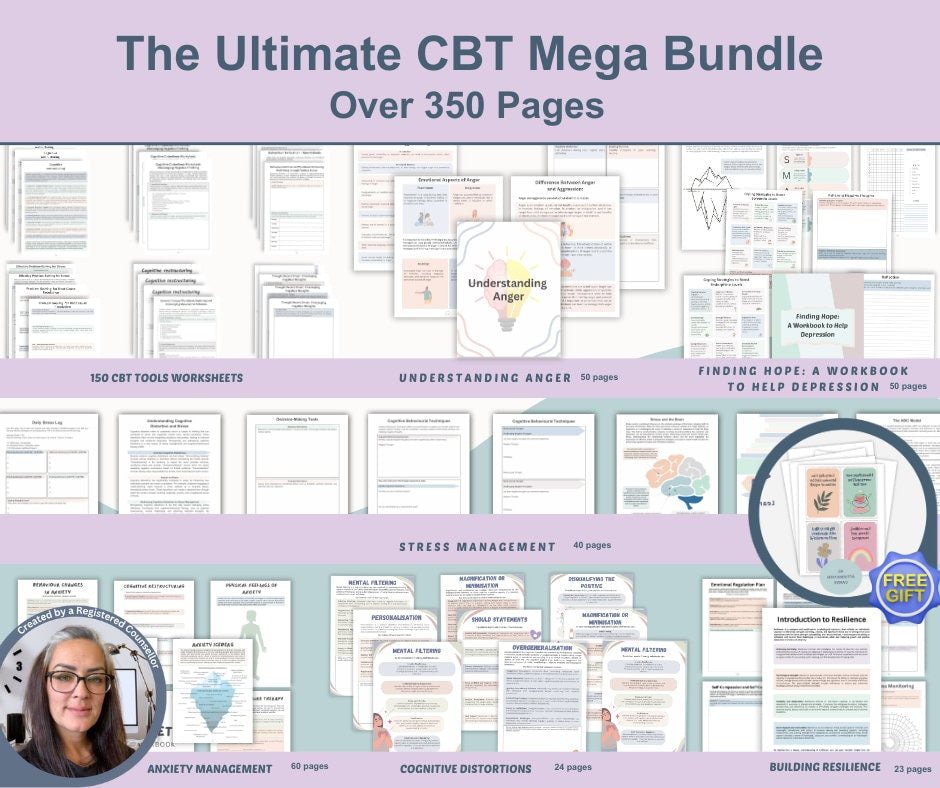 Therapy worksheets digital download, displayed showing many different therapy workbooks included, which are 1st- page CBT worksheets, understanding anger has 50 pages, finding hope a depression workbook has 50 pages, and there are more included.